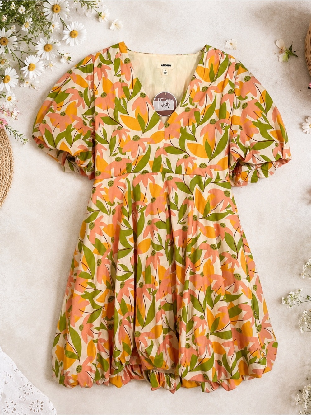 Adora NWT Floral Puff Sleeve Mini Dress Romantic Garden Party Summer Size S